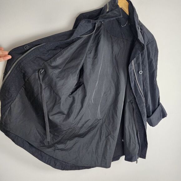 Black Hooded Trench Coat Lightweight Zip up Jacket Windbreaker Roll-tab Sleeve - Picture 4 of 16